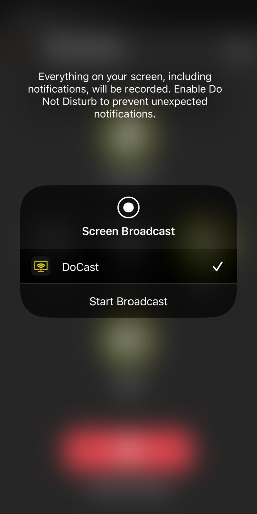 Tap on the Start Broadcast in DoCast