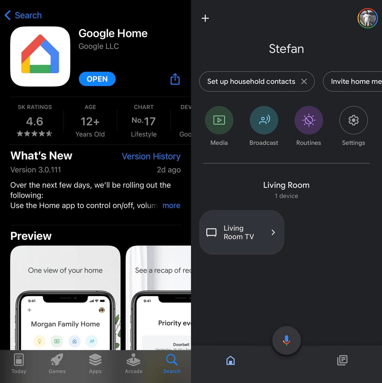 A combined picture, with Google Home on the App Store on the left, and a Chromecast selected in Google Home on the right.