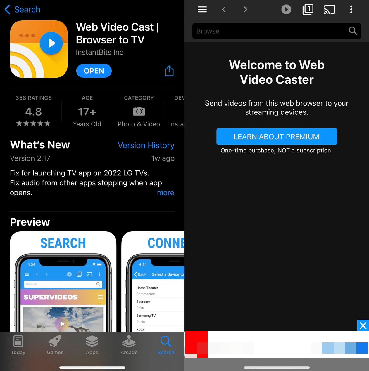 A combined picture, with Web Video Cast on the App Store on the left, and the homepage of Web Video Cast on the right.