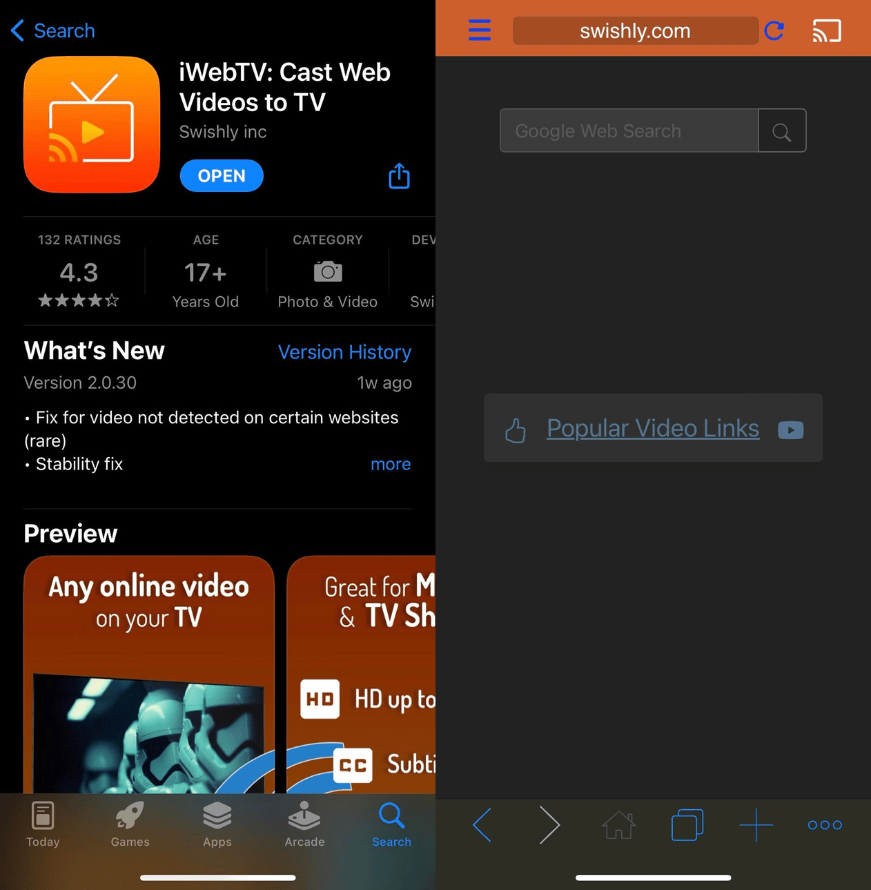 A combined picture, with iWebTV on the App Store on the left, and the homepage of iWebTV on the right.