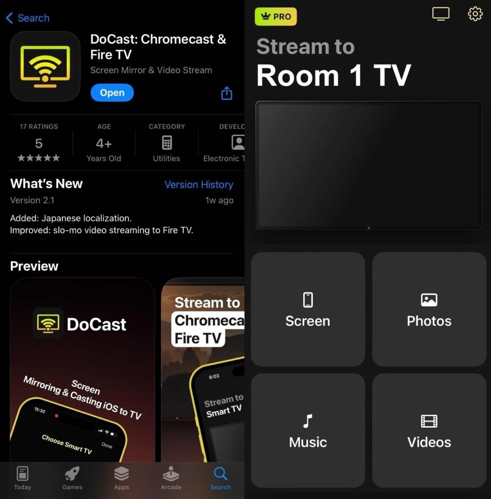 A combined picture, with DoCast on the App Store on the left, and a Chromecast selected in DoCast on the right.