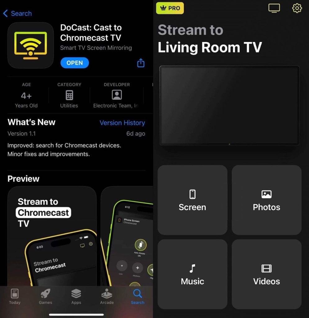 A combined picture, with DoCast on the App Store on the left, and the homepage of DoCast on the right 
