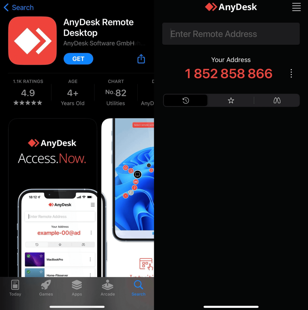 A combined picture, with AnyDesk on the App Store on the left, and the homepage of AnyDesk on the right