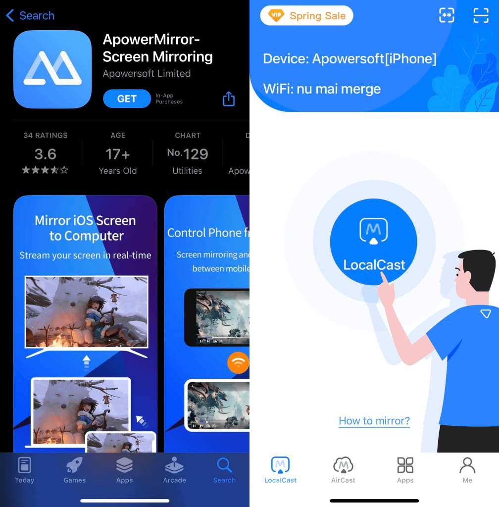 A combined picture, with ApowerMirror on the App Store on the left, and the homepage of the ApowerMirror iPhone app on the right