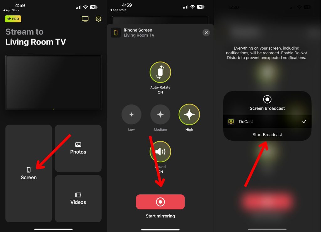 Tap on the Start mirroring button and then Start Broadcast