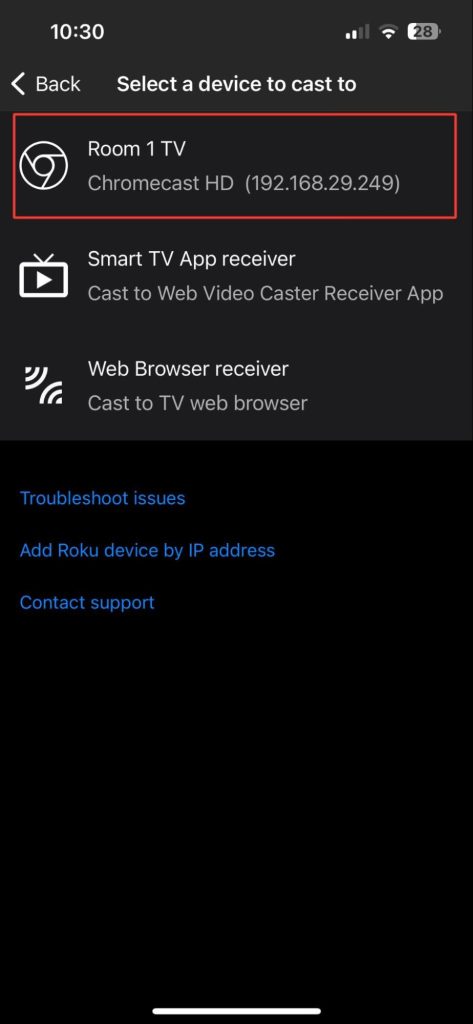 Select your Chromecast device in Web video cast