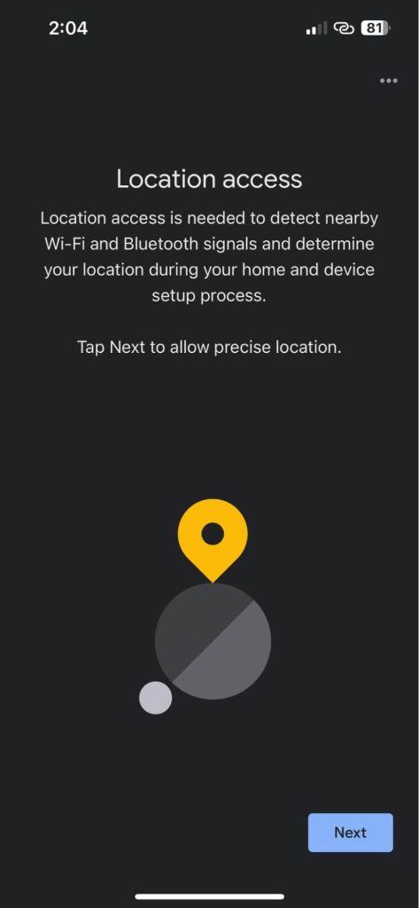 Tap next to grant location access in Google Home