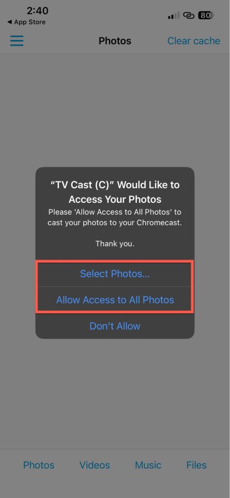 tap select photos or allow access to all photos in tv cast chromecast