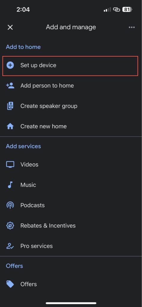 Tap set up device in Google Home