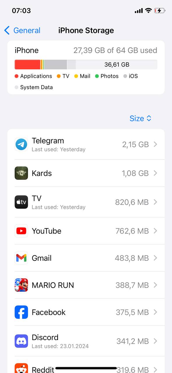 apps and the amount of space each one uses
