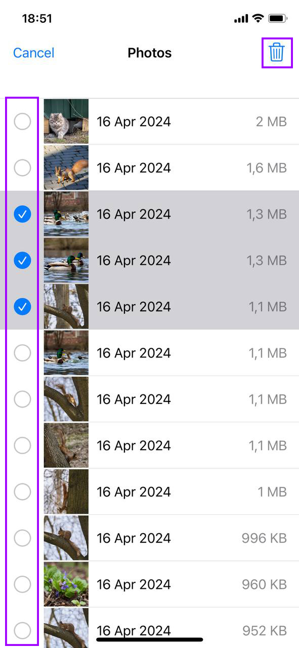 delete large attachments on iPhone