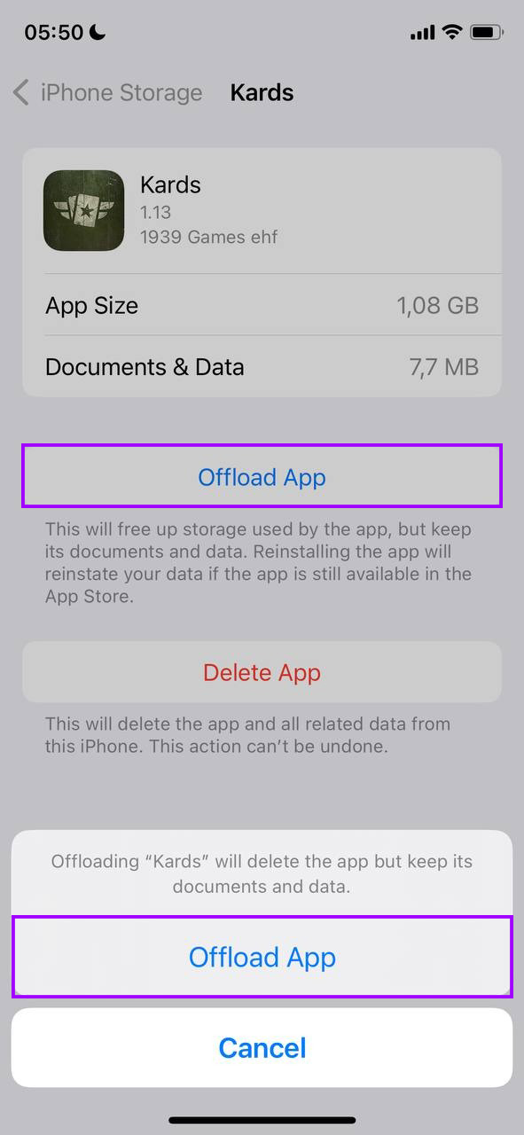 offload an app to remove other storage from iphone