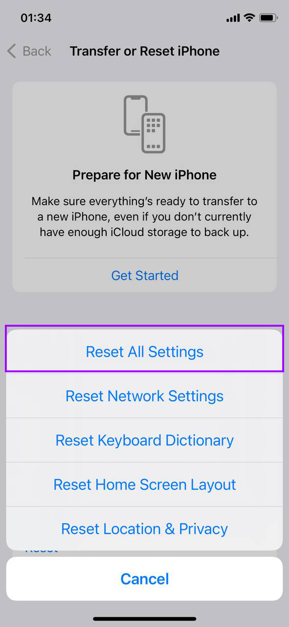 reset all settings to clear iphone storage