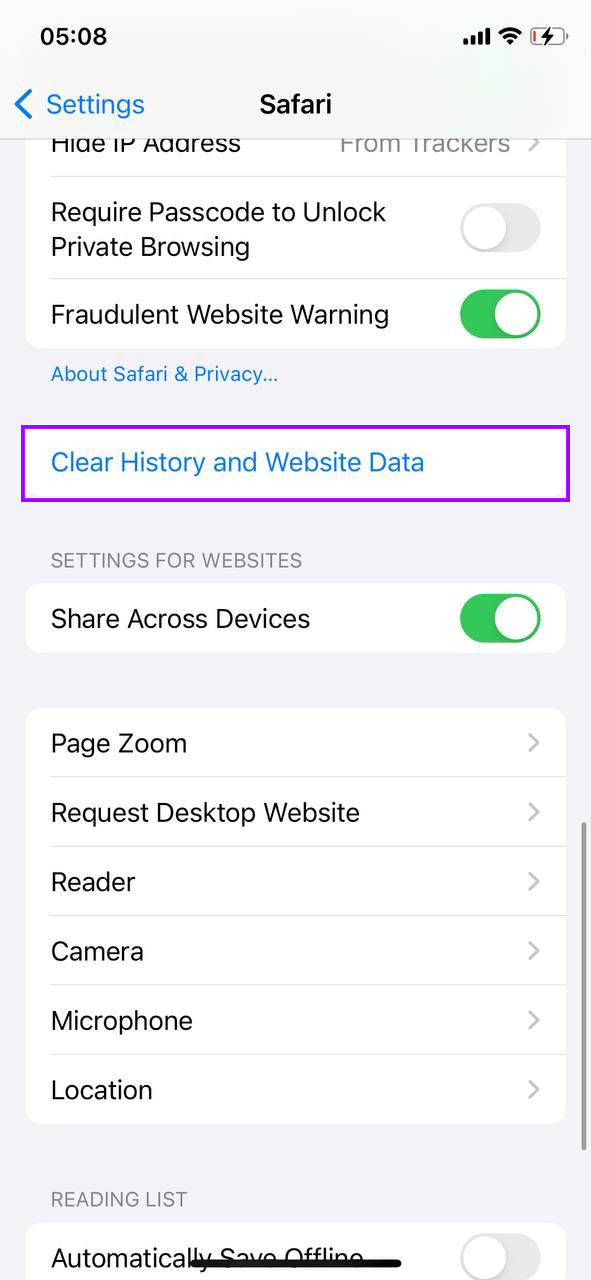 Clear History and Website Data