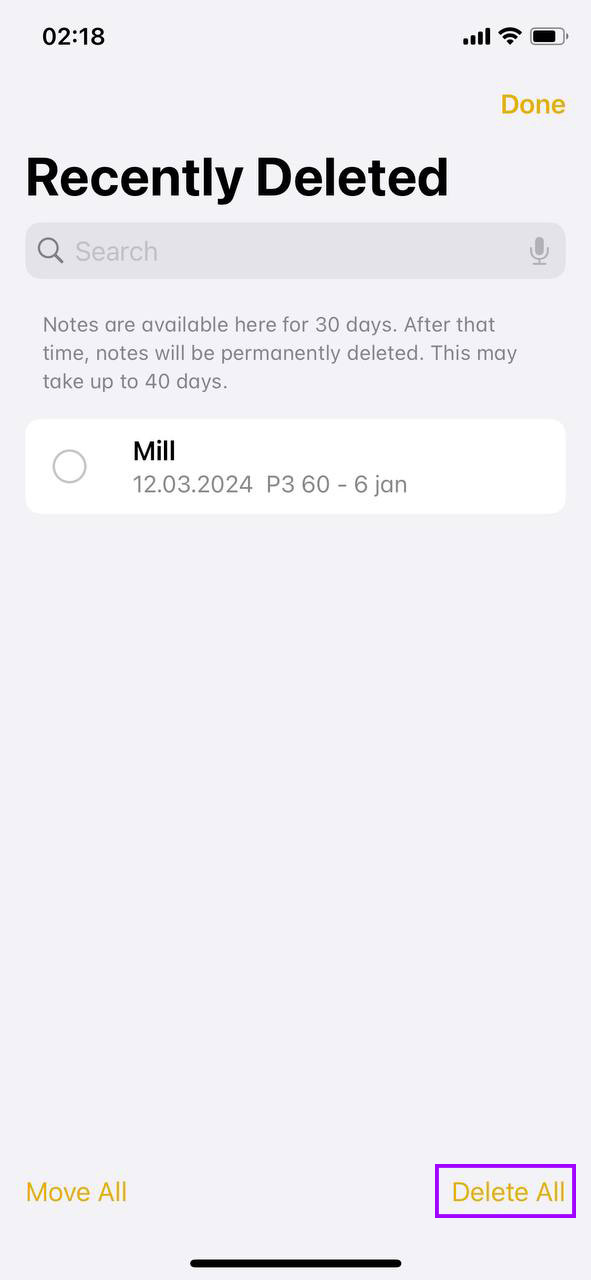 delete notes trash on iphone