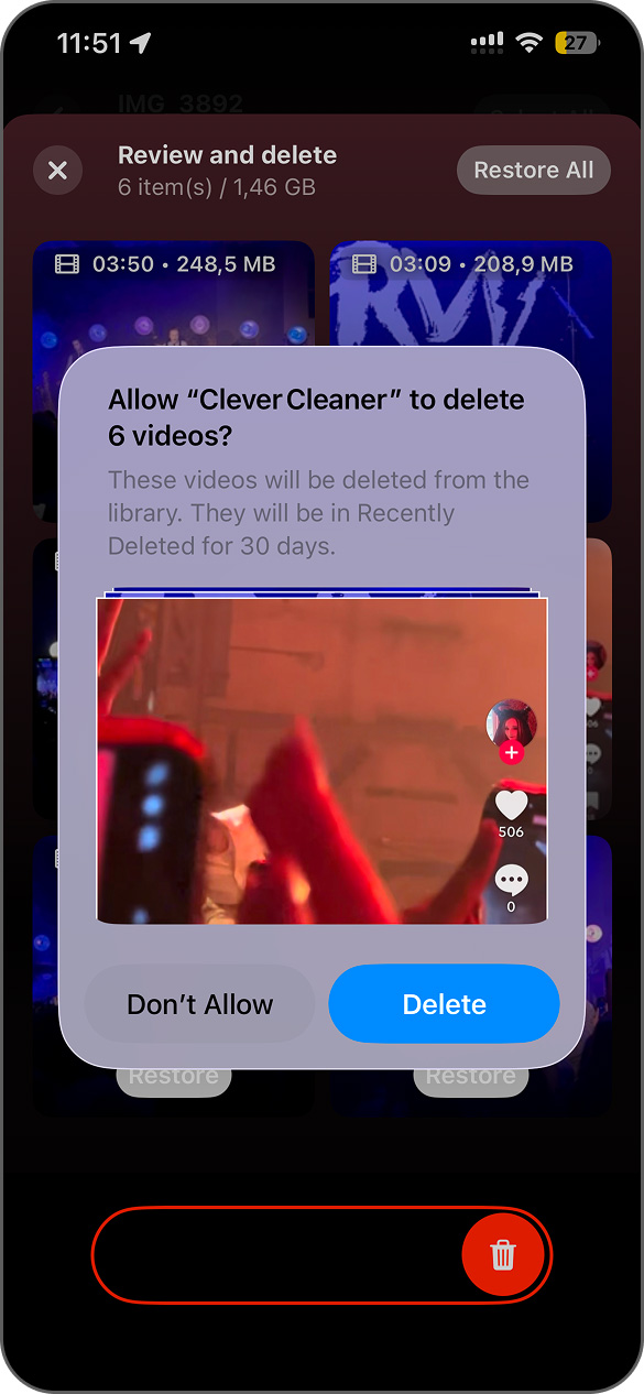 Confirm deletion of selected large videos