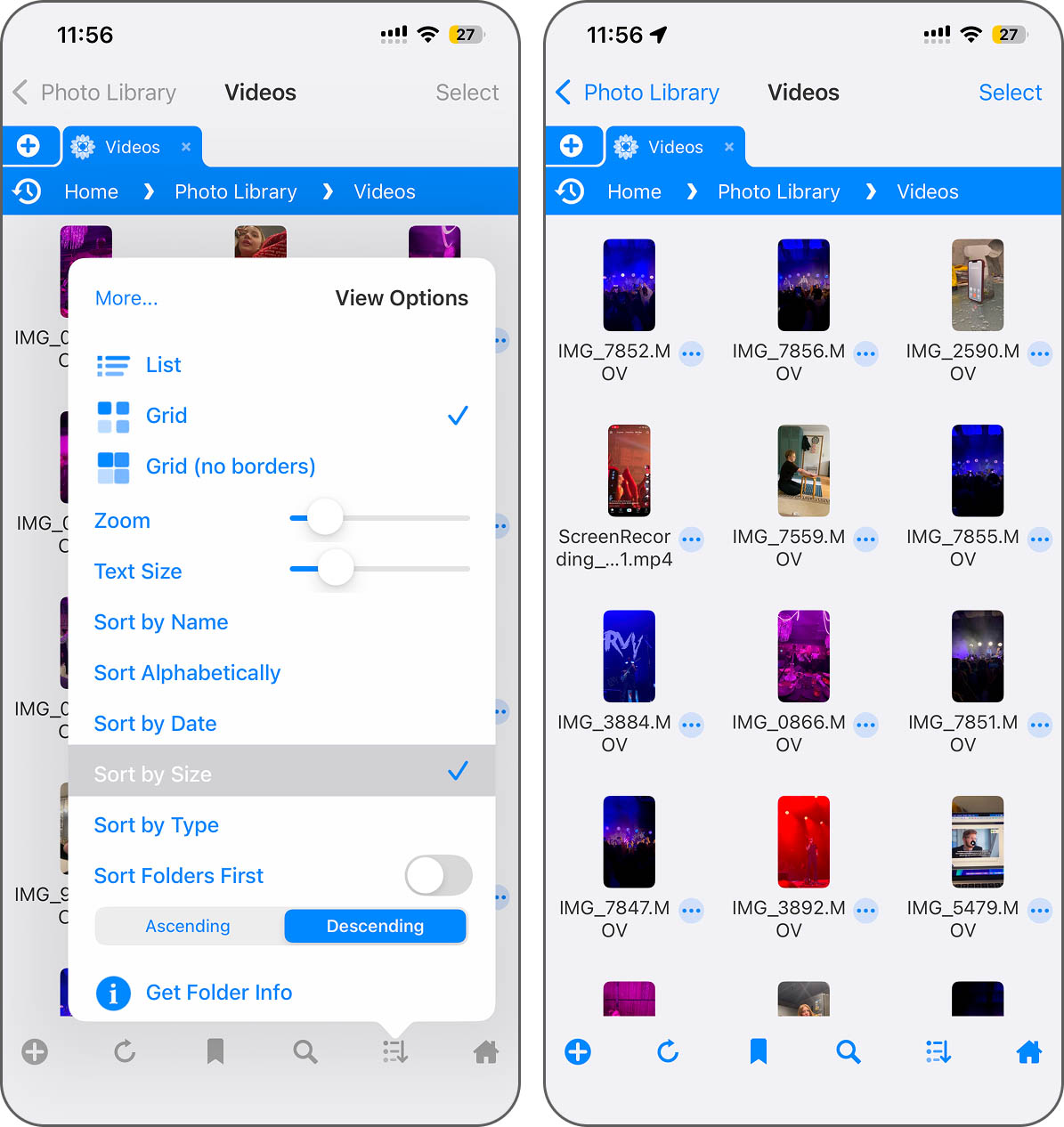 FileBrowser app showing size sorting
