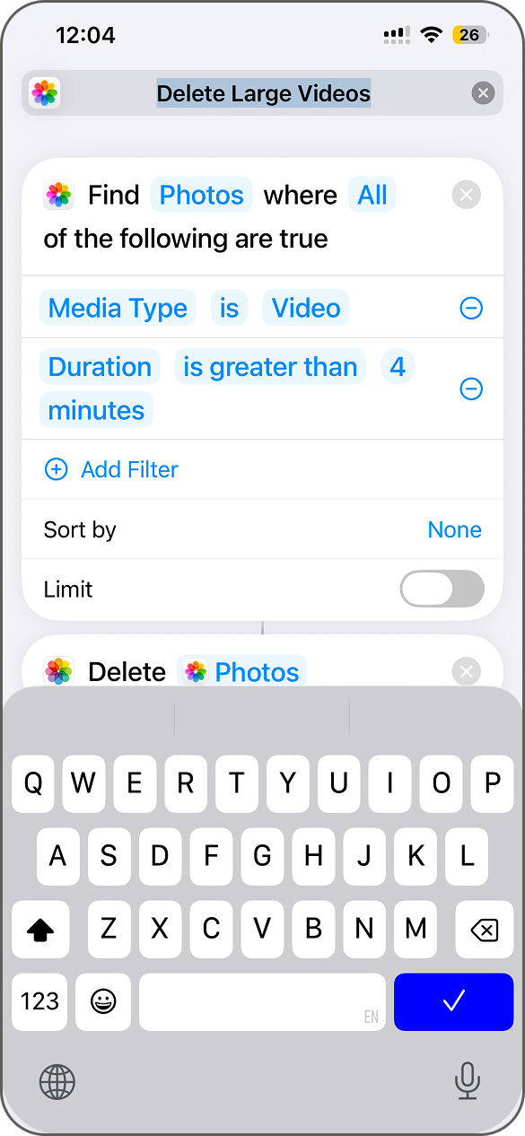 Rename shortcut to Delete large videos