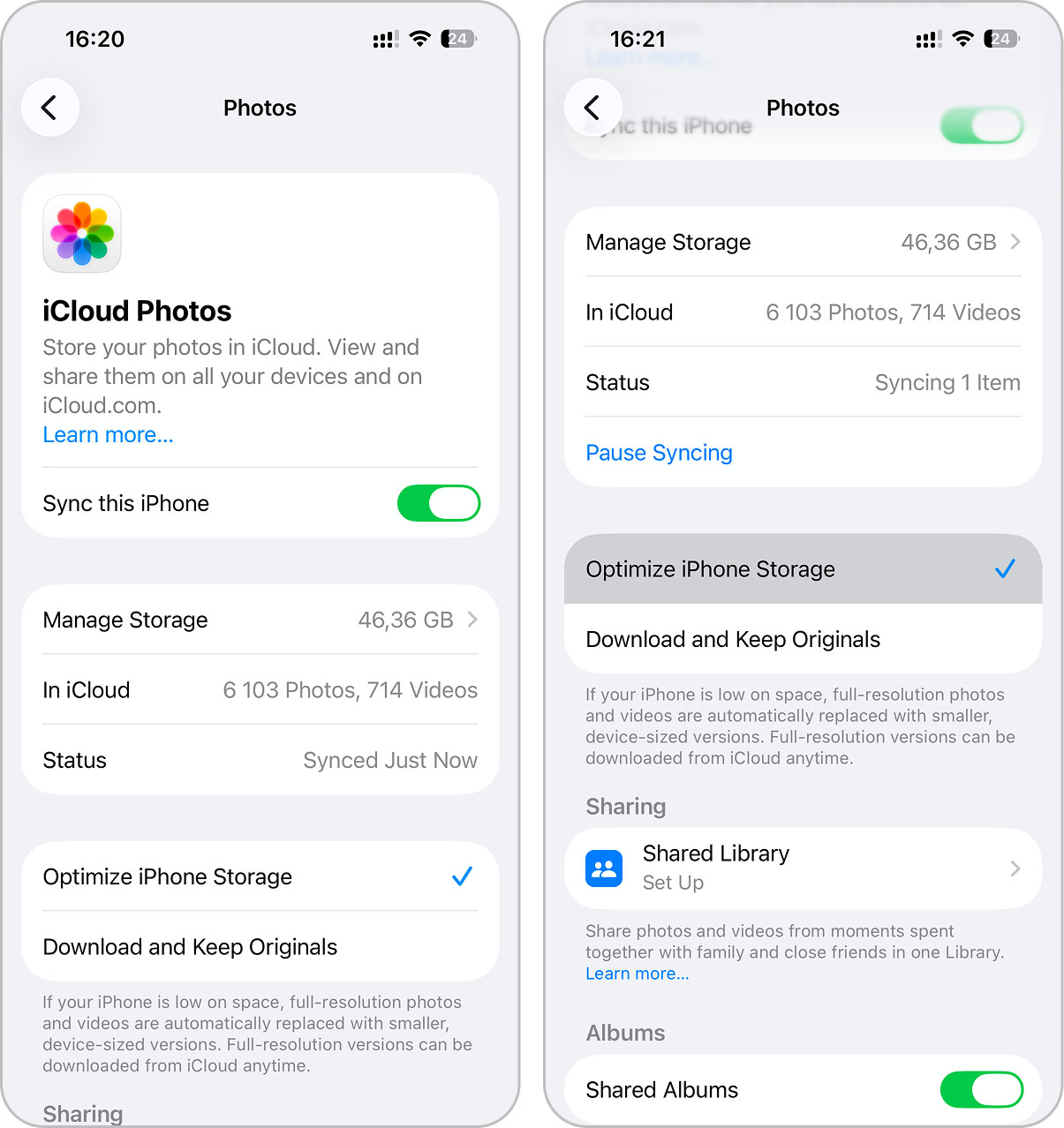 Selecting Optimize iPhone Storage in iCloud Photos