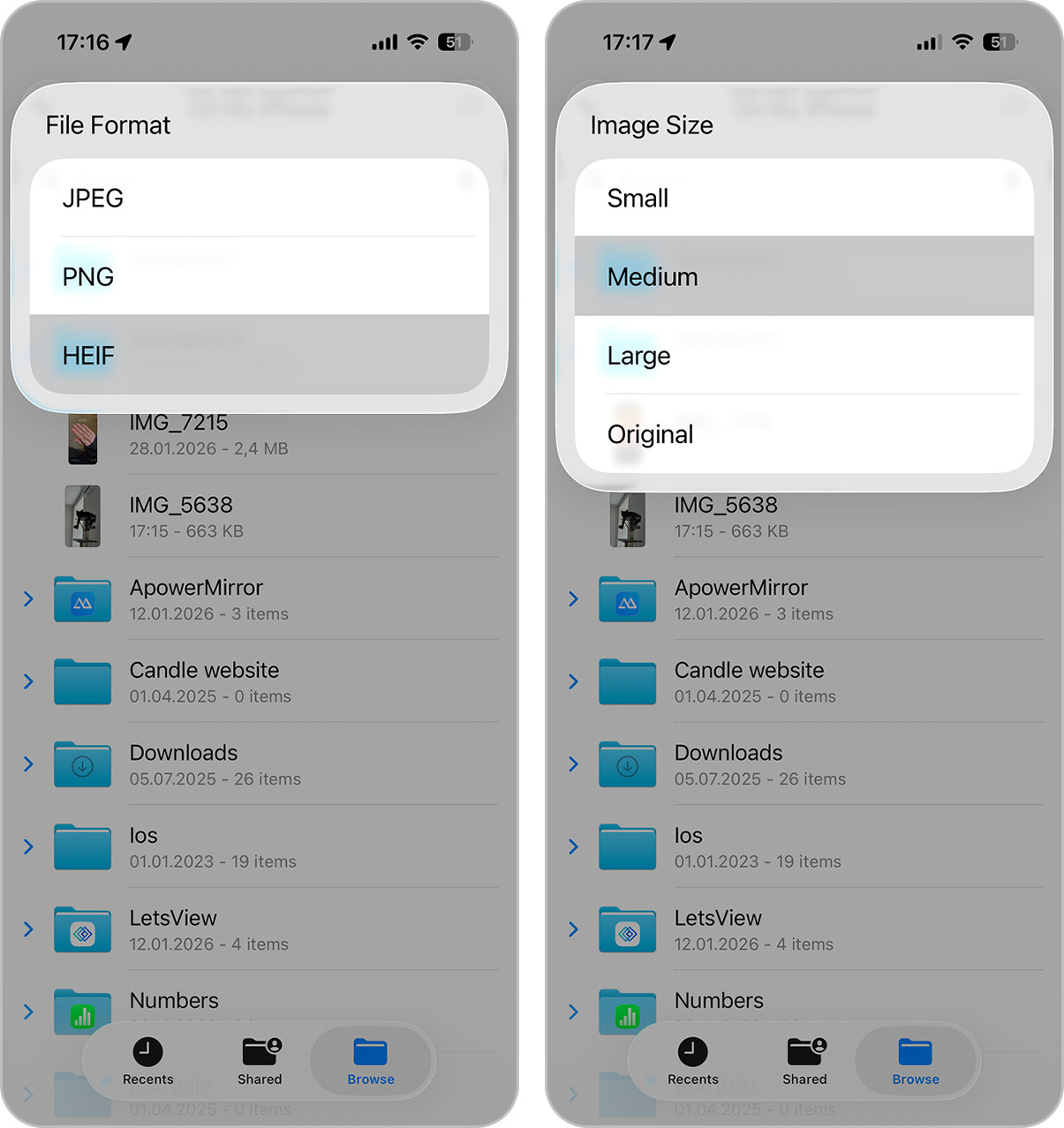 Choosing image format and file size in Files app Convert Image