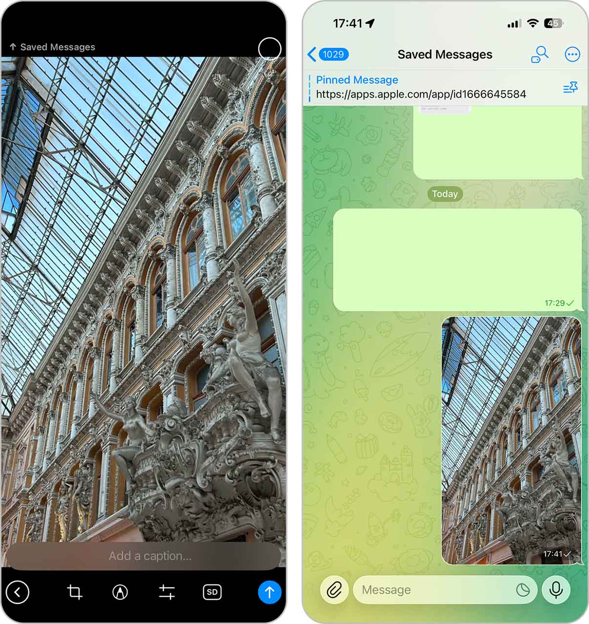 Sending a photo in a messenger chat for automatic compression