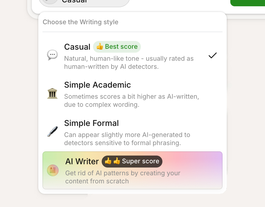 Style options in Clever האנשה של בינה מלאכותיתr (לא רשמי, פורמלי, אקדמי).
