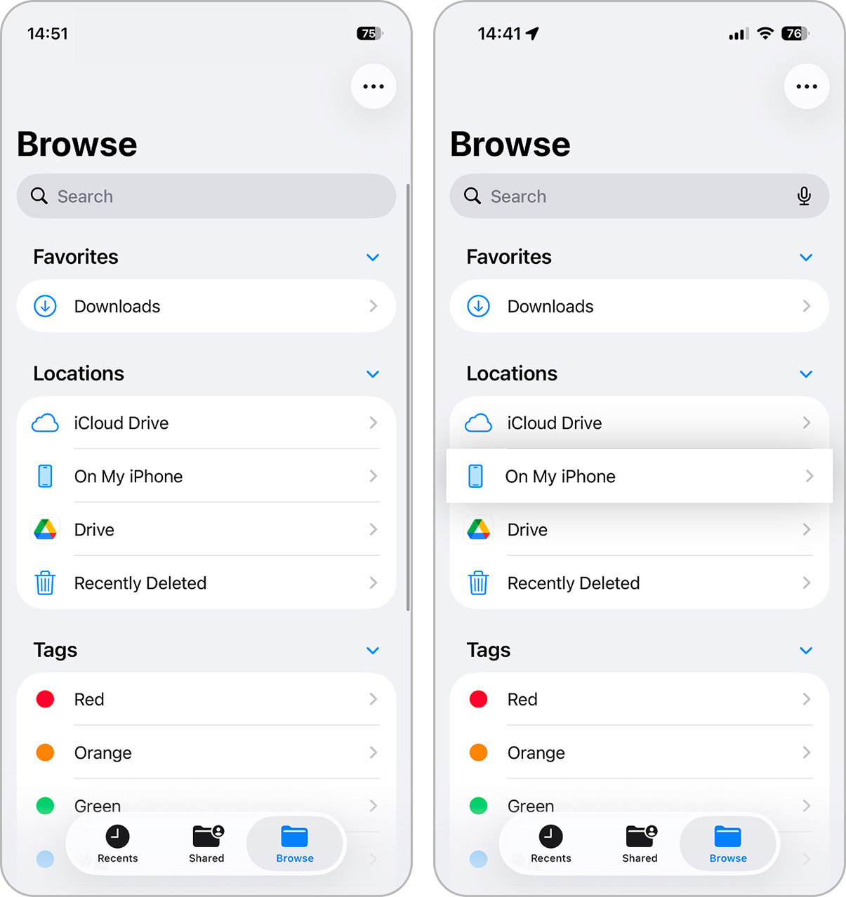 Opening a storage location in the iPhone Files app