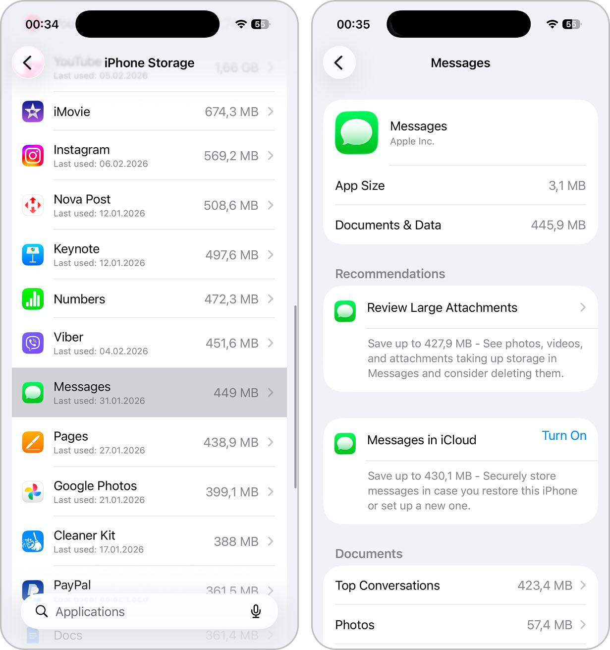 open messages in settings