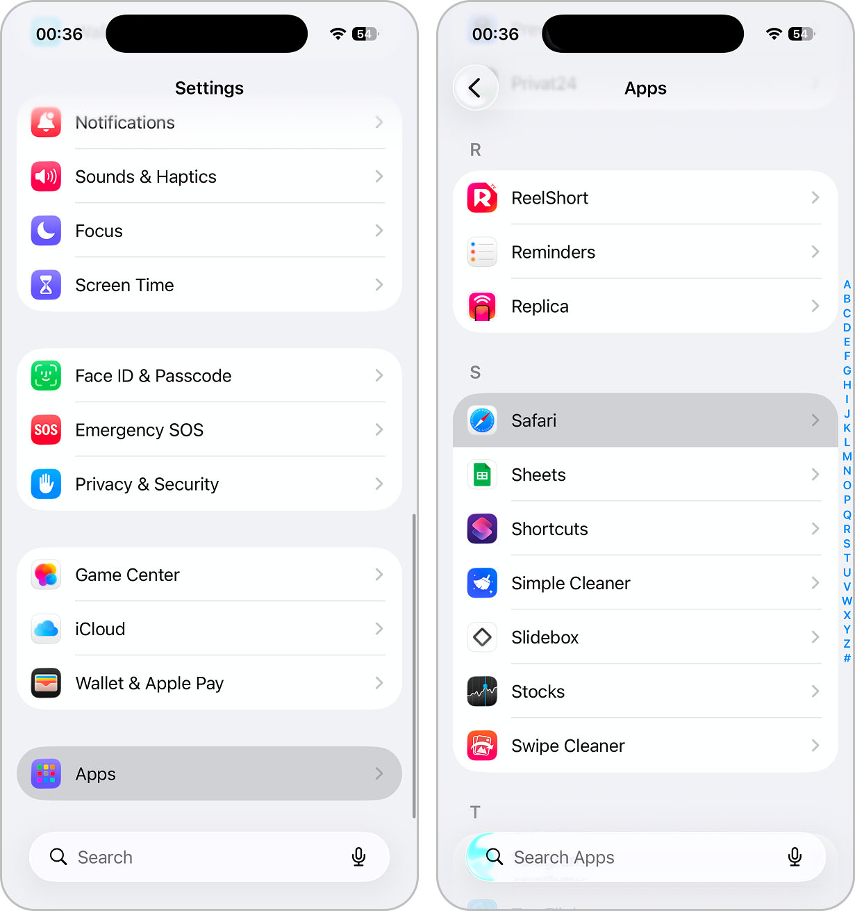 find safari in settings