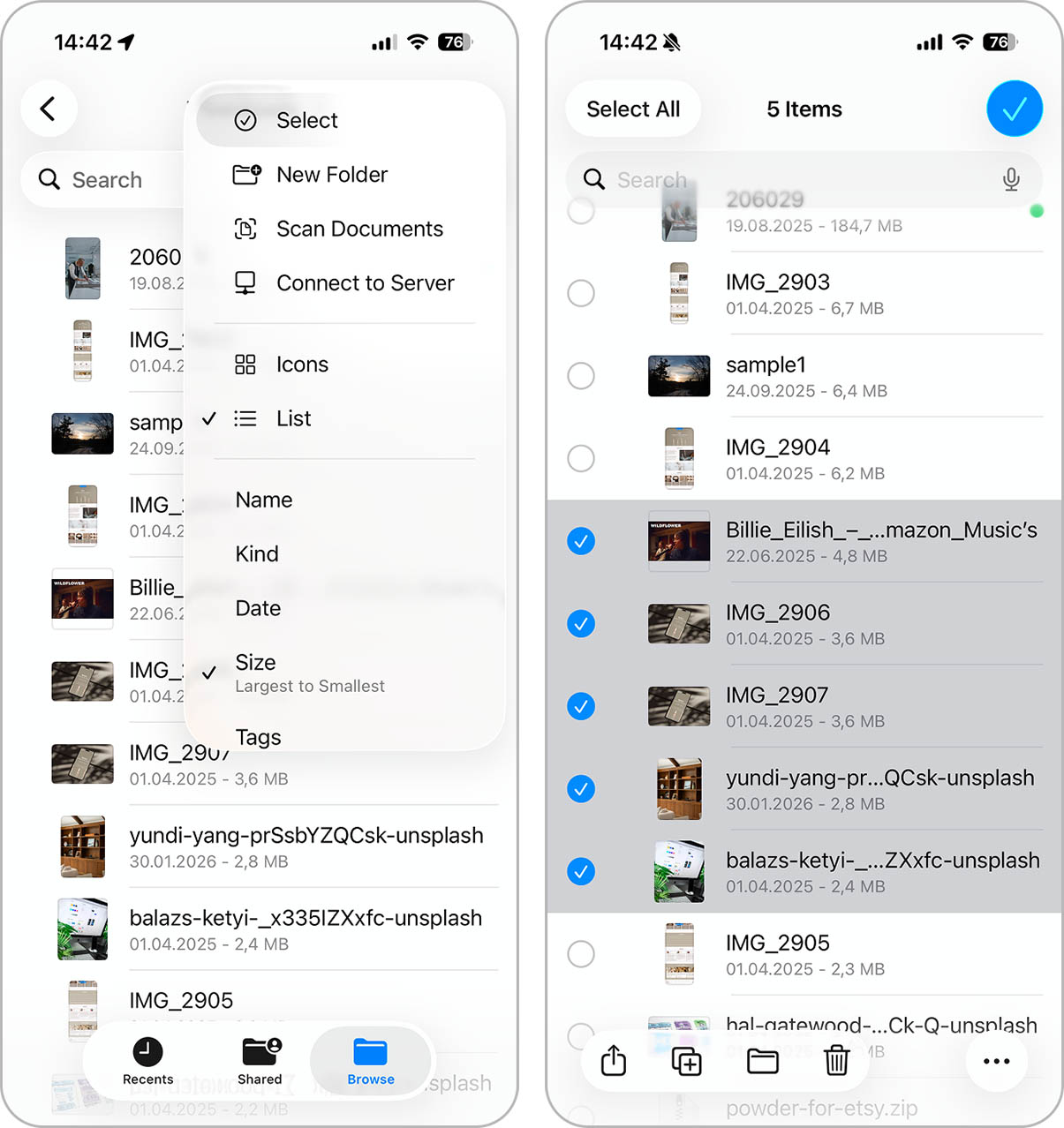 Selecting multiple images for deletion in the Files app