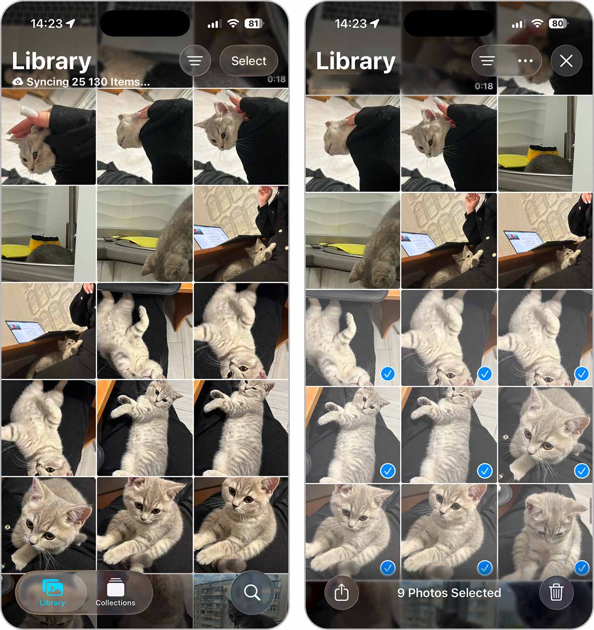 Selecting multiple photos in the iPhone Photos Library