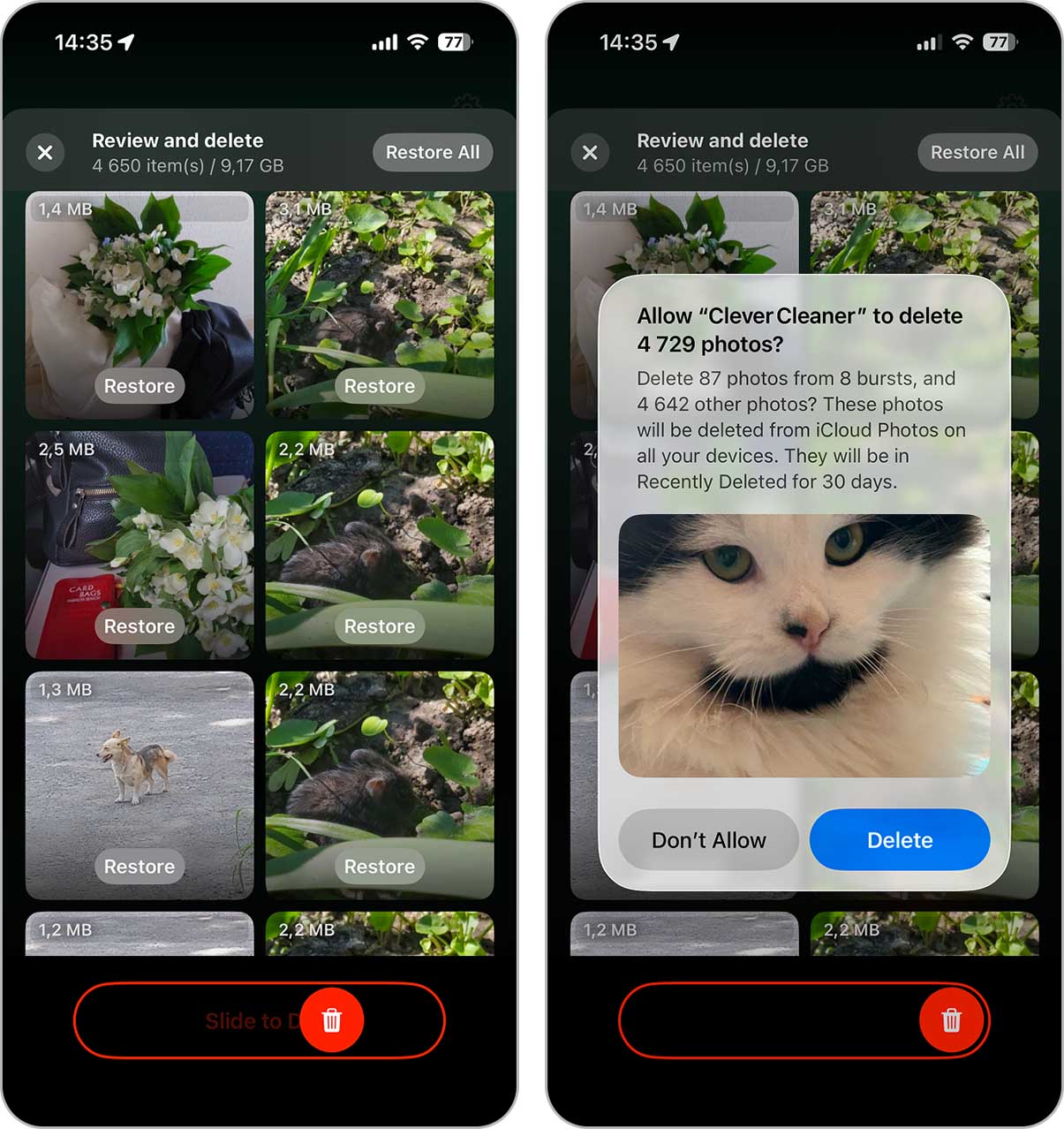 Confirming bulk photo deletion in Clever Cleaner
