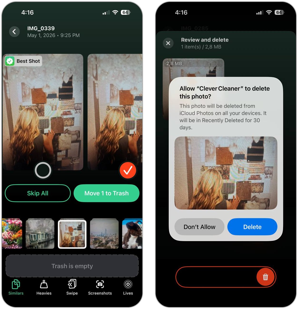 Review duplicate photos manually in Clever Cleaner.