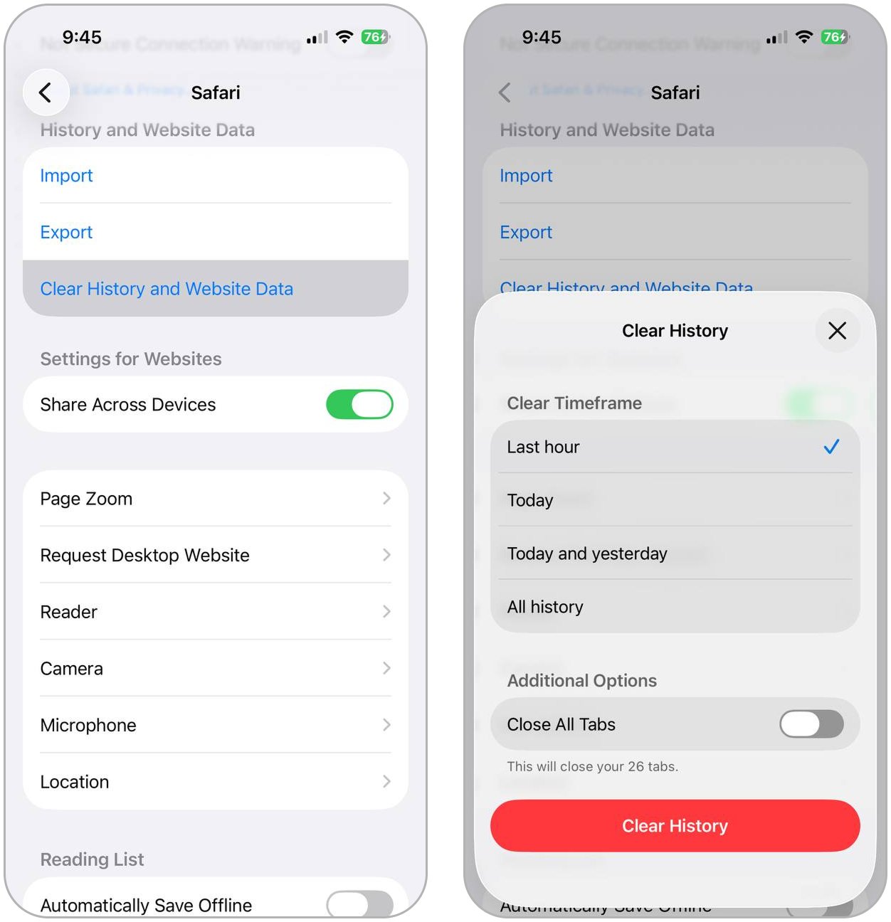 Clear Safari history and website data.
