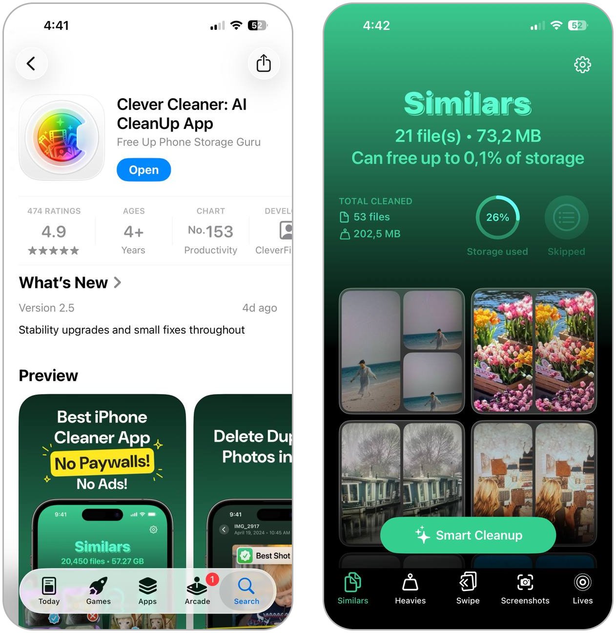 Opening Clever Cleaner on iPhone.