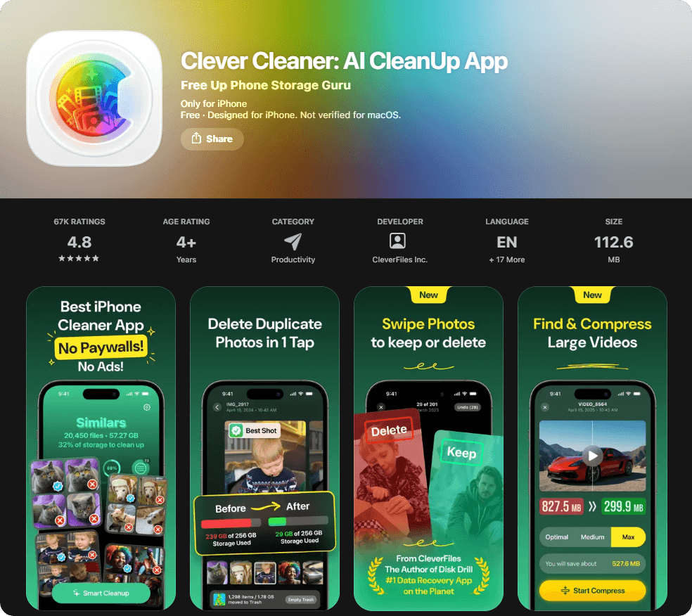 Clever Cleaner AppStore page.