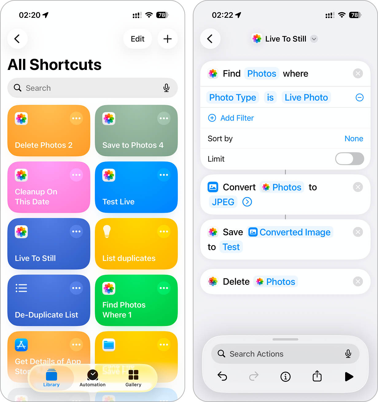 Create Shortcut to convert Live Photos to still images