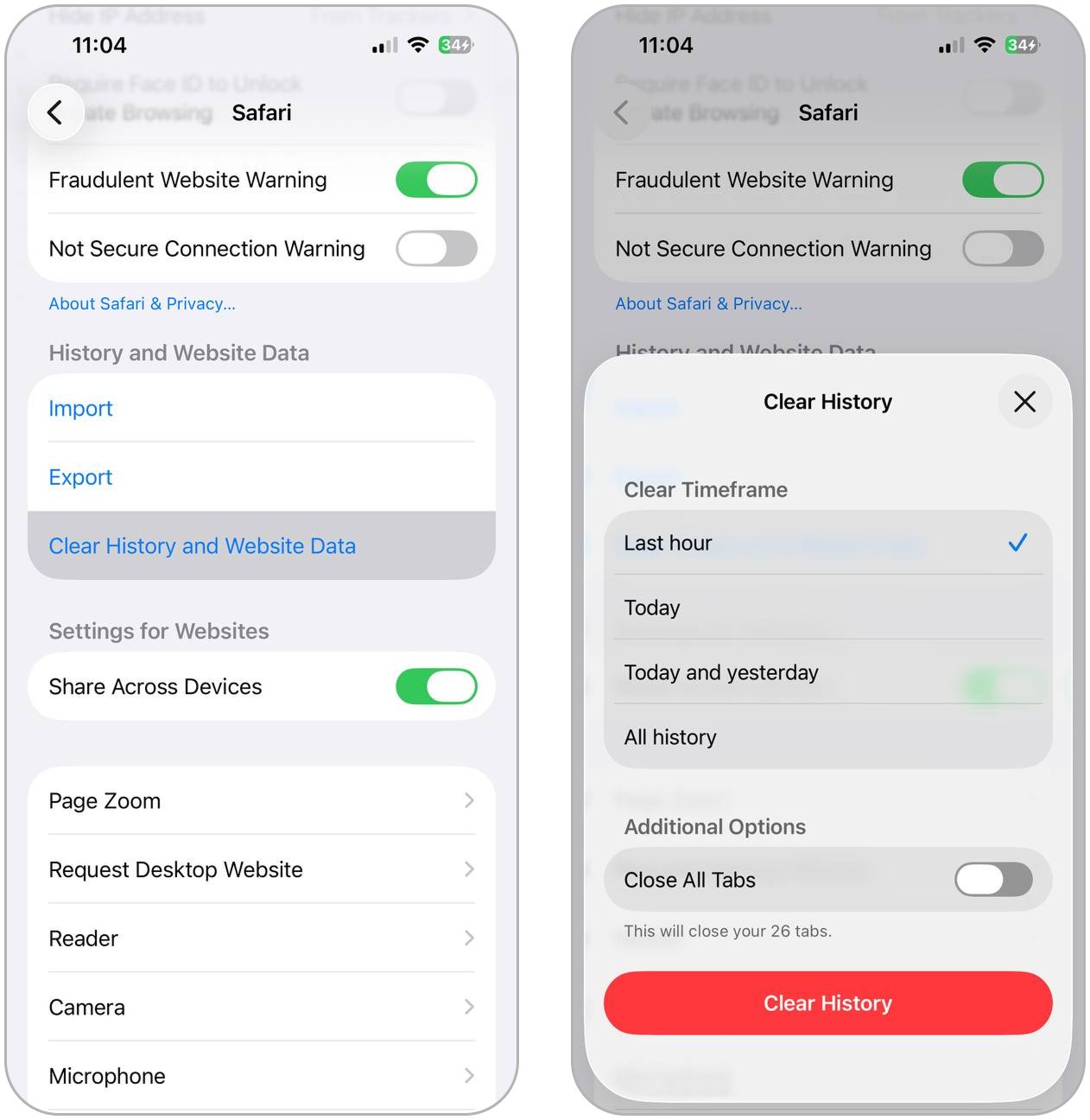 Clear Safari cache and website data.