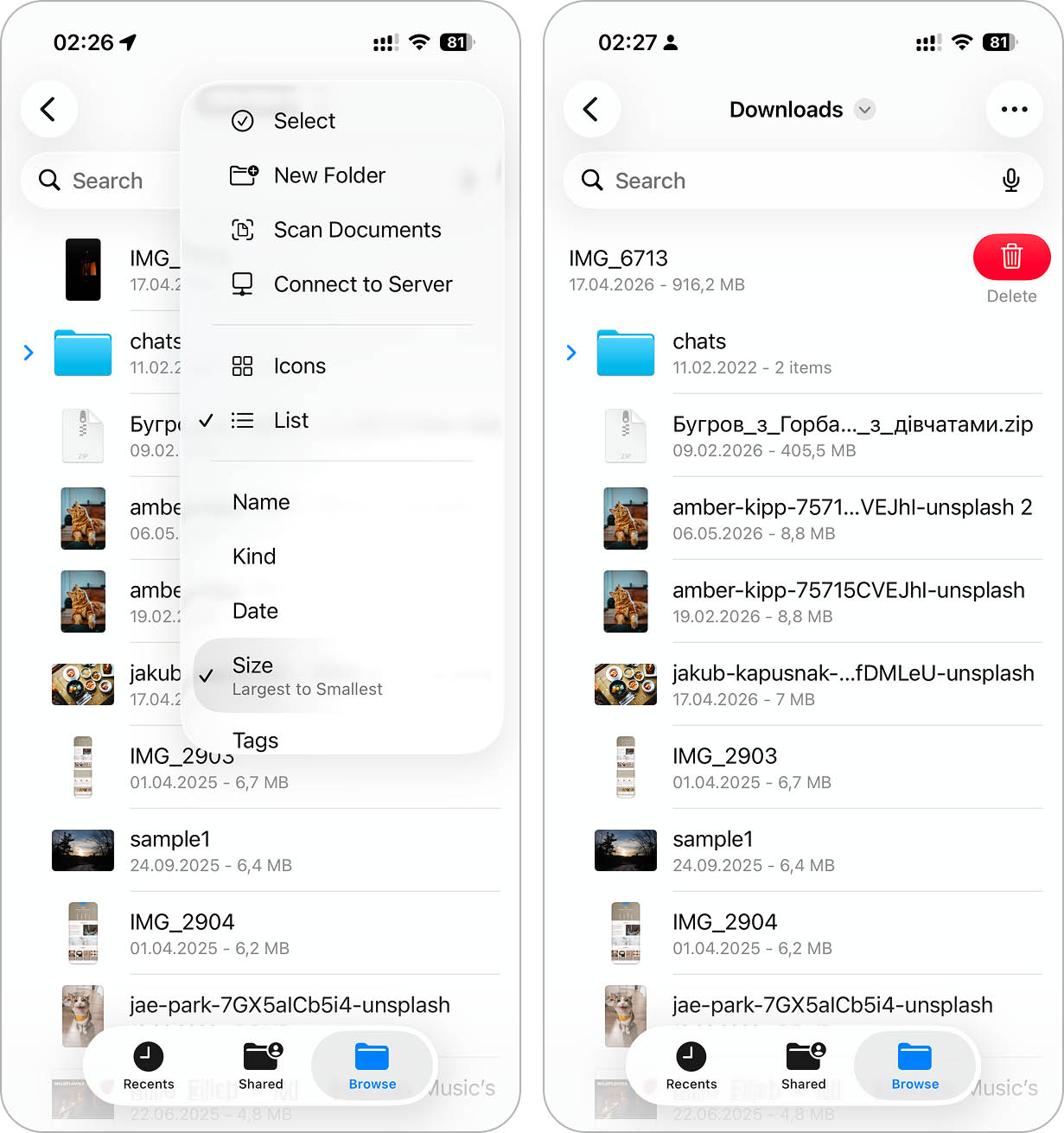 Delete files in the Files app.