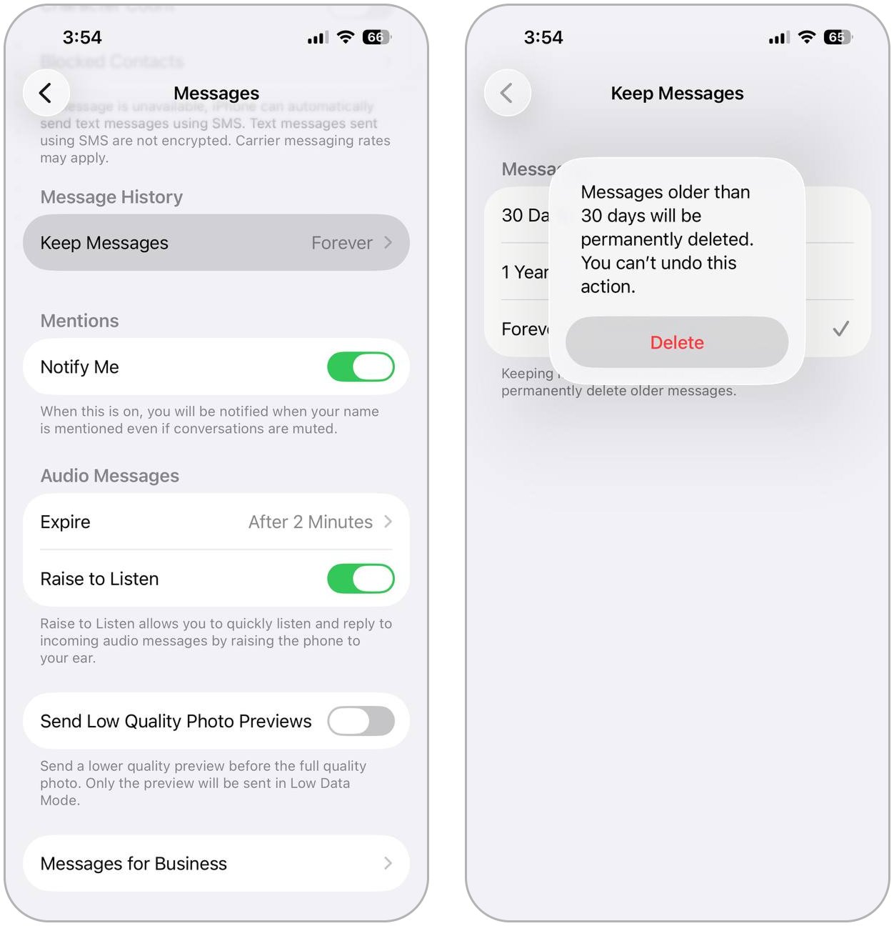 Choisissez la durée de conservation des messages