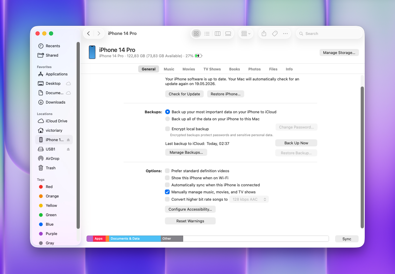 Check iPhone storage categories in Finder on Mac.