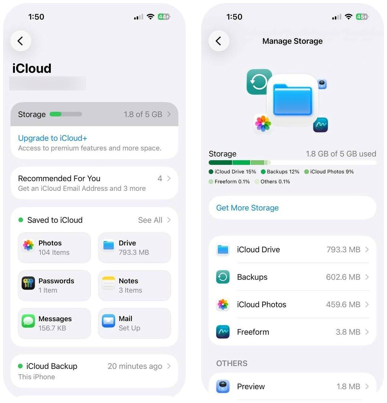 Review iCloud storage in Settings