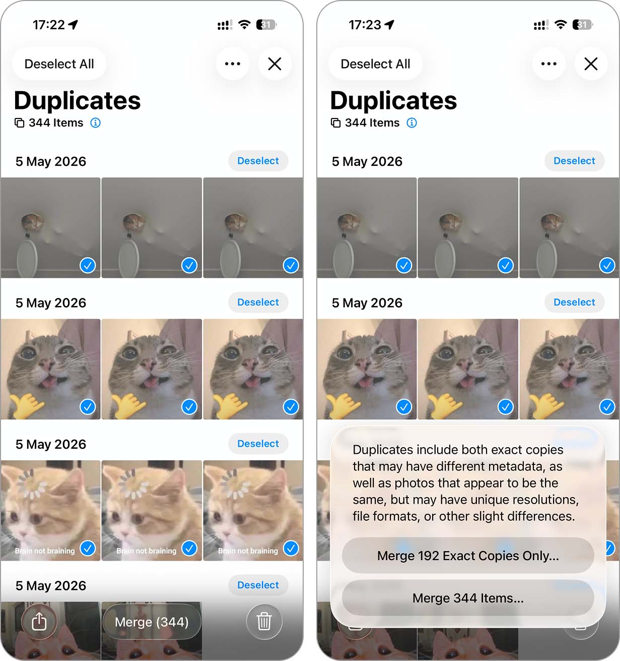 Merge duplicates in the Photos app.