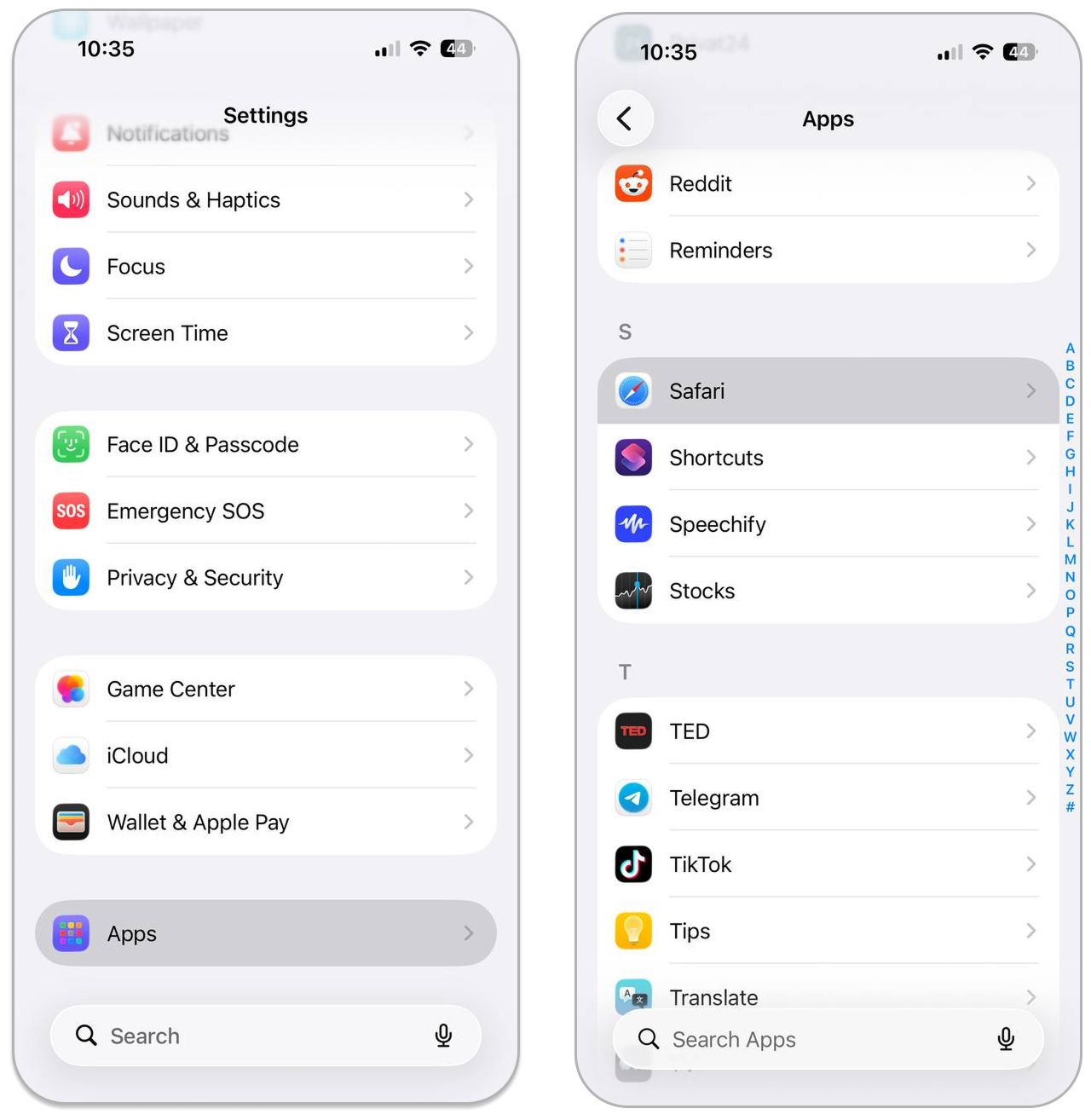 Open Safari settings on iPhone