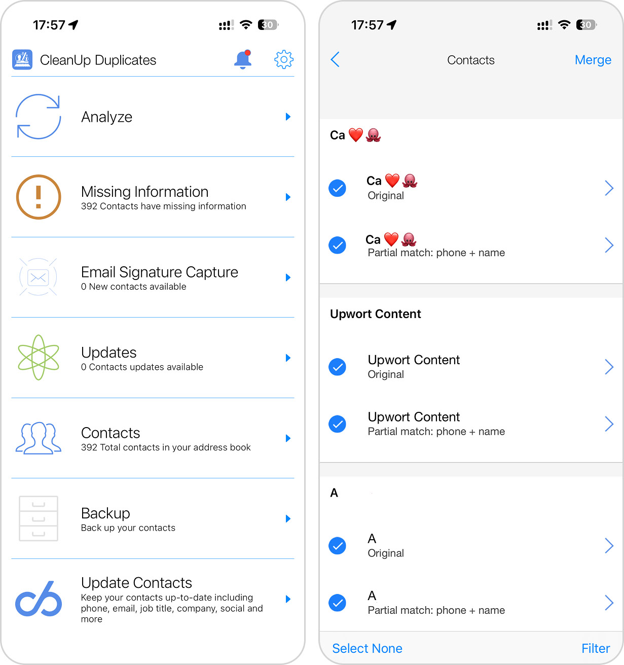 Cleanup Duplicate Contacts app for iPhone.