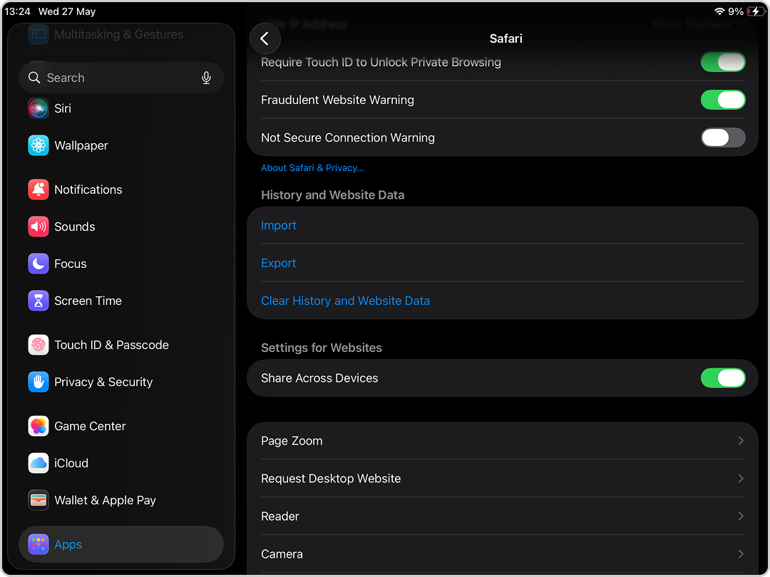 Clear History and Website Data option