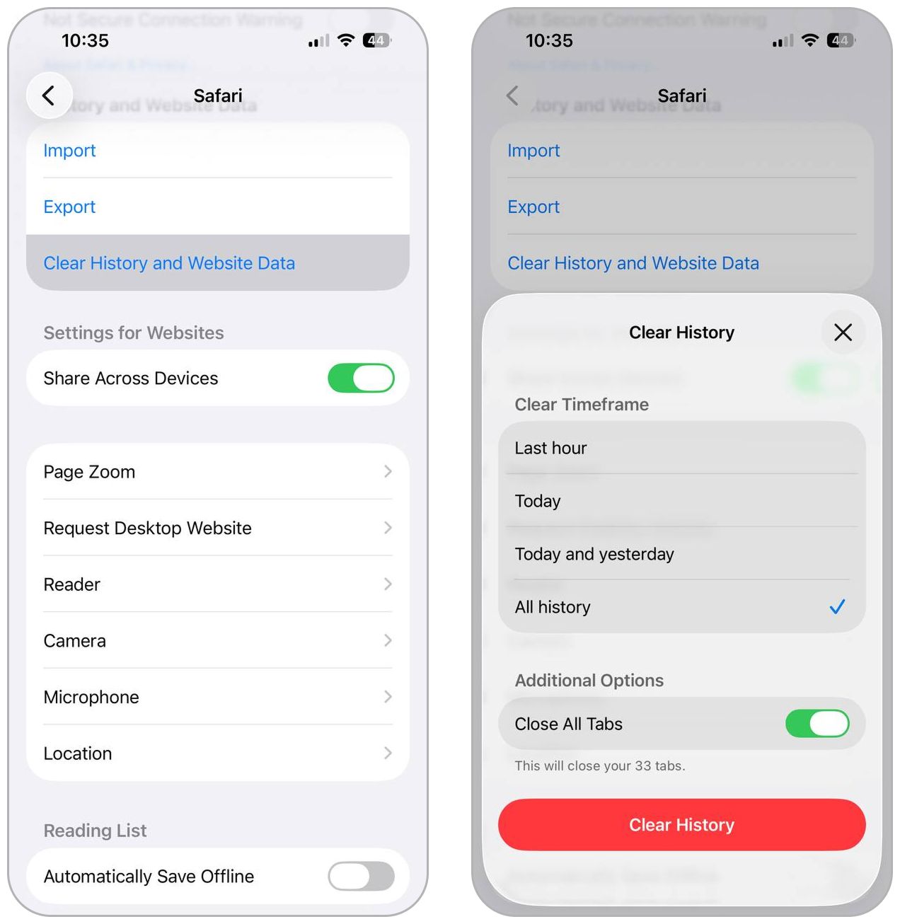 Clear Safari history and website data