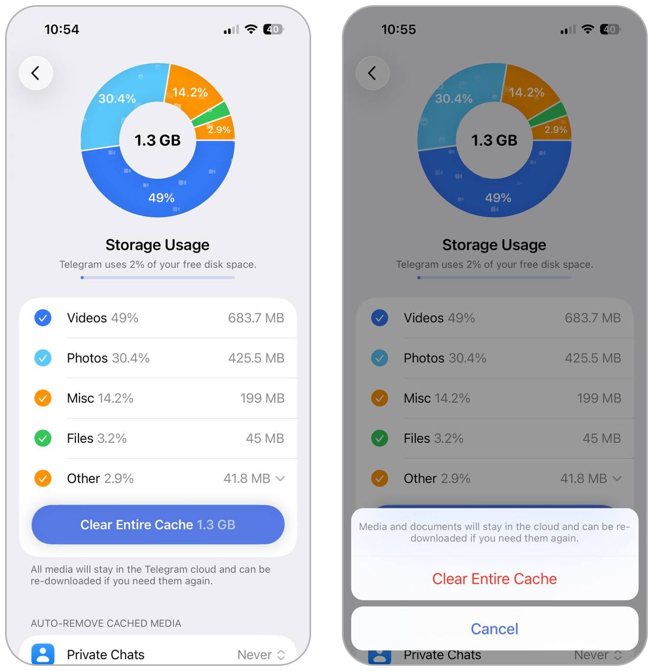 Clear Telegram cache on iPhone