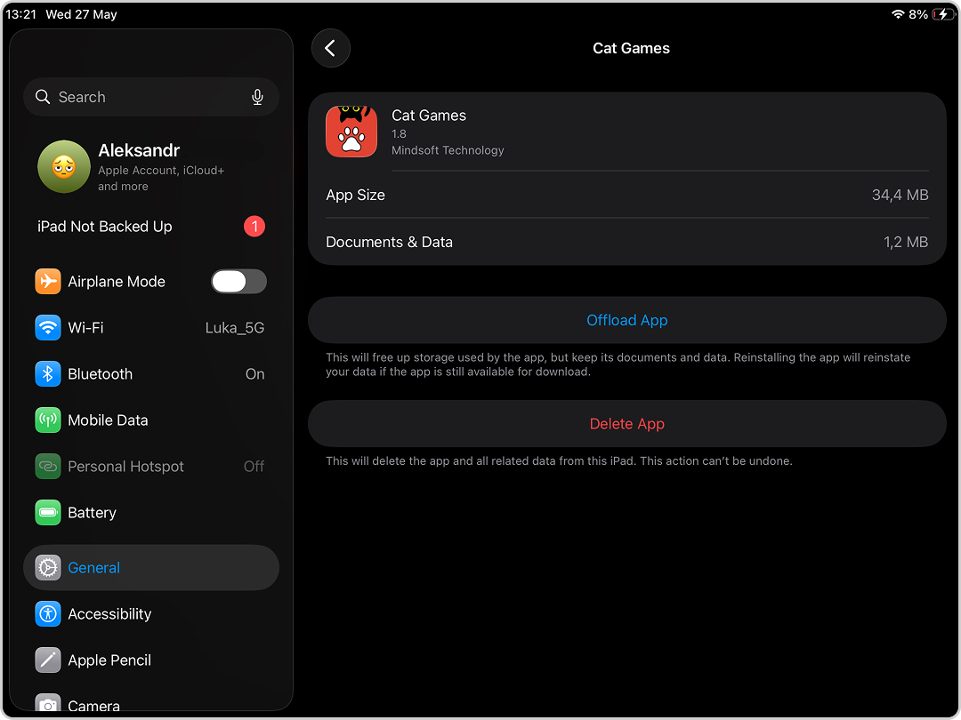 Delete App and Offload App options on iPad