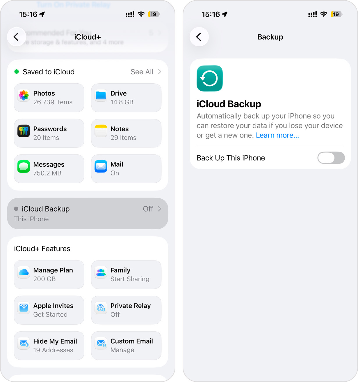 iCloud Backup settings
